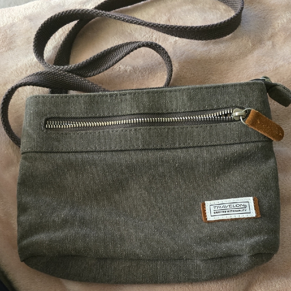 Travelon Gray Canvas Crossbody Small Messenger Bag with Brown Accent